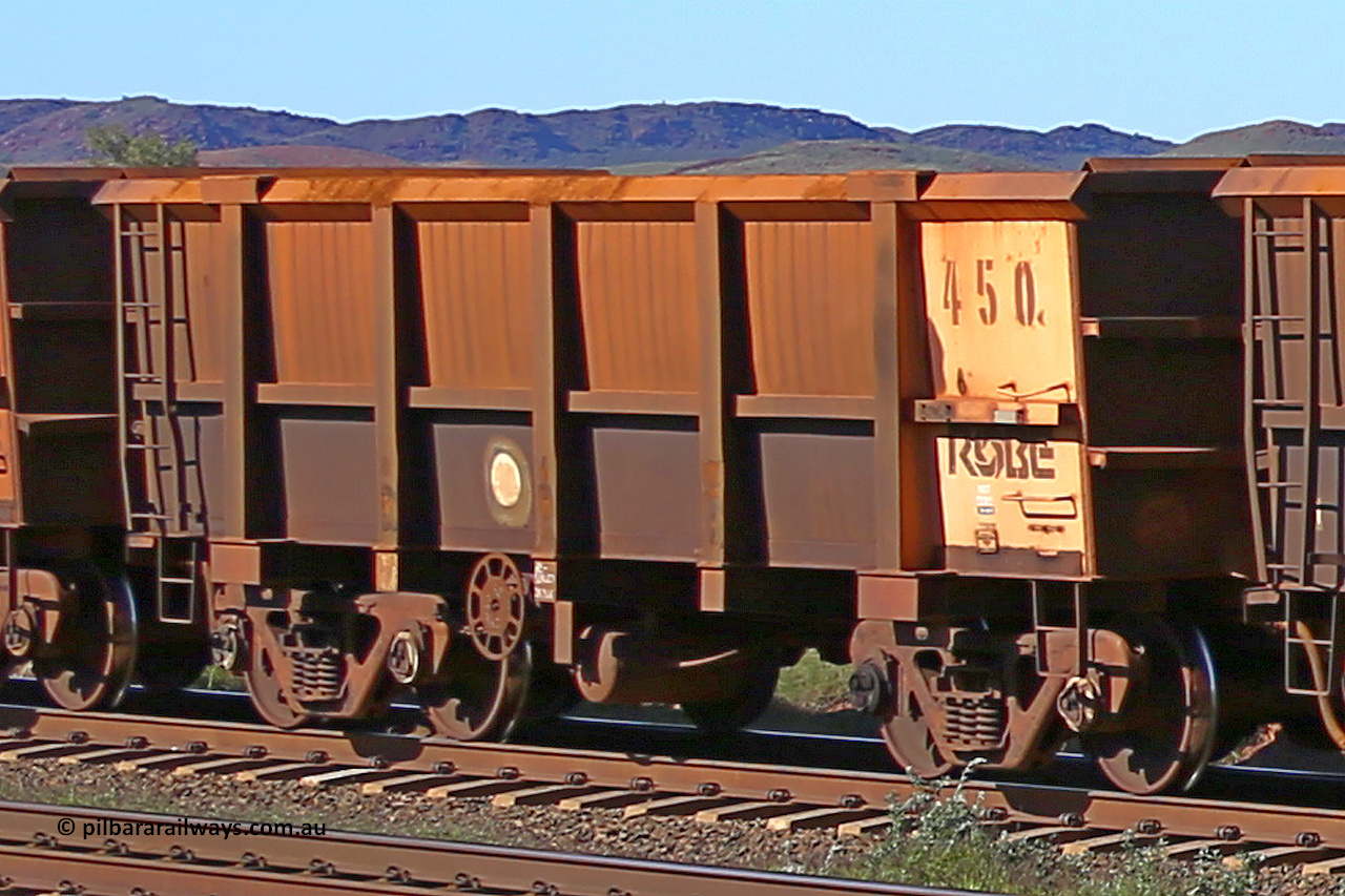 0450 160727 0968
Robe River ore waggon 450, built by Tomlinson Steel WA, rotary coupler end handbrake side empty view at Harding Siding on the Cape Lambert line, July 27, 2016.
Keywords: 450;Tomlinson-Steel-WA;Robe-ore-waggon;