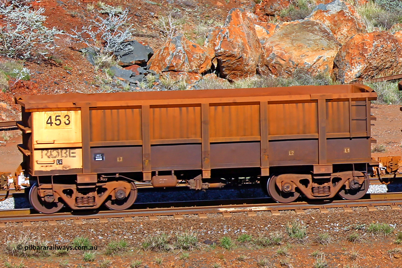 0453 180616 1703
Robe River ore waggon 453, built by Tomlinson Steel WA, rotary coupler end non-handbrake side empty view at the 38 km, Harding on the Cape Lambert line, June 16, 2018.
Keywords: 453;Tomlinson-Steel-WA;Robe-ore-waggon;