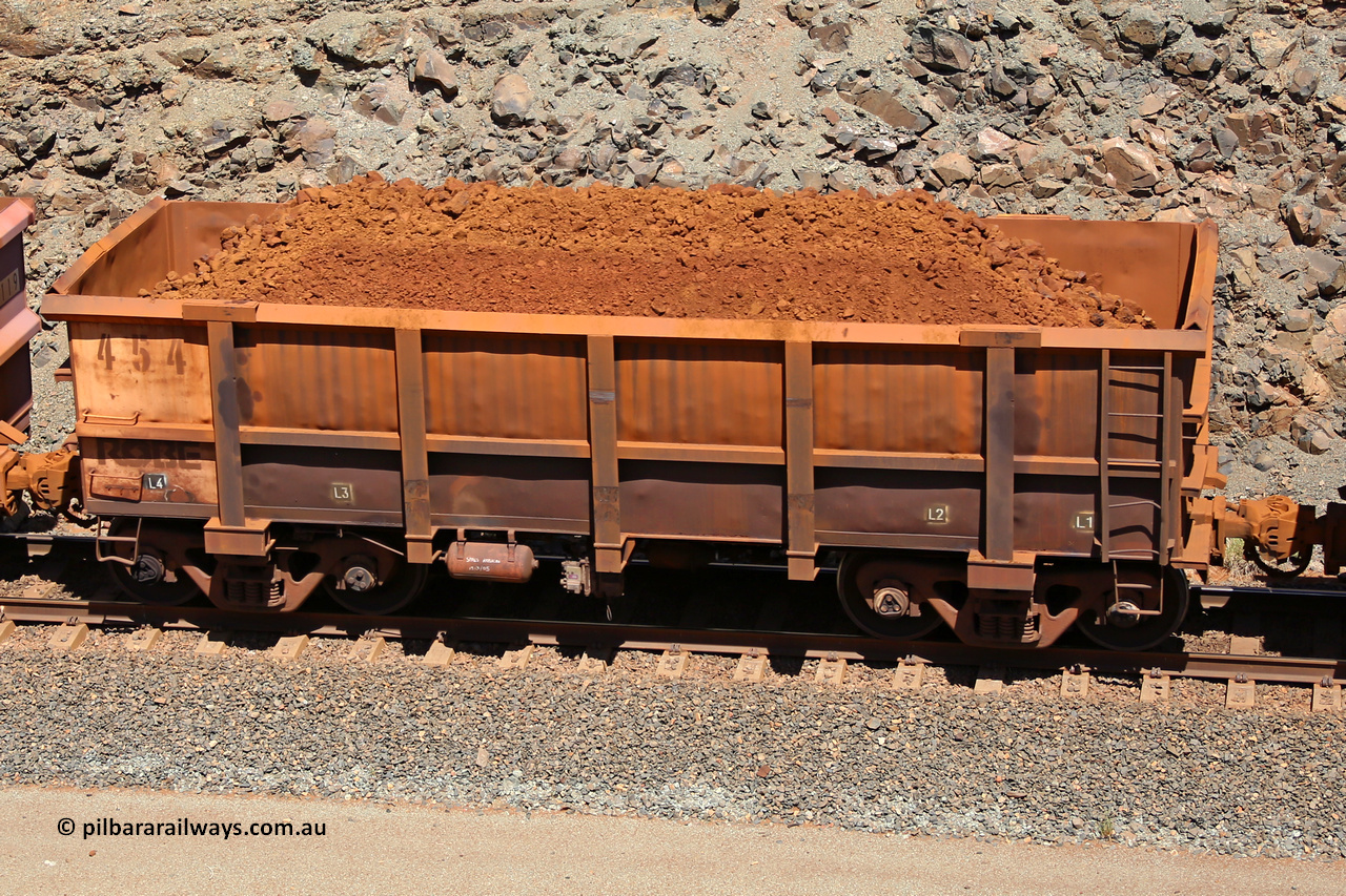 0454 160306 1588
Robe River ore waggon 454, built by Tomlinson Steel WA, fixed coupler non-handbrake side loaded view, at the 45 km, Harding Siding on the Cape Lambert line. March 6, 2016.
Keywords: 454;Tomlinson-Steel-WA;Robe-ore-waggon;