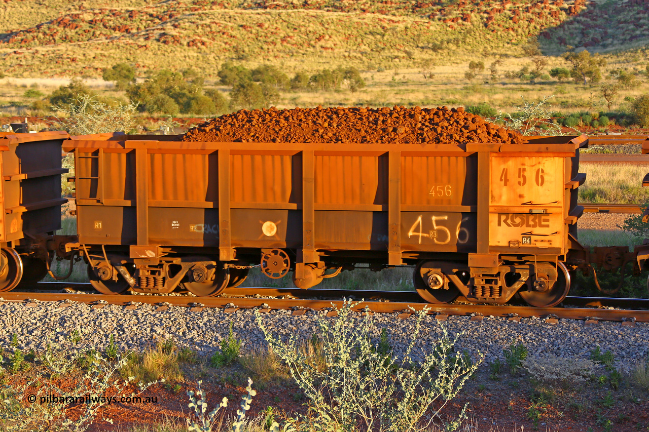 0456 170513 8680
Robe River ore waggon 456, built by Tomlinson Steel WA, handbrake side loaded view, Cape Lambert yard, May 13, 2017.
Keywords: 456;Tomlinson-Steel-WA;Robe-ore-waggon;