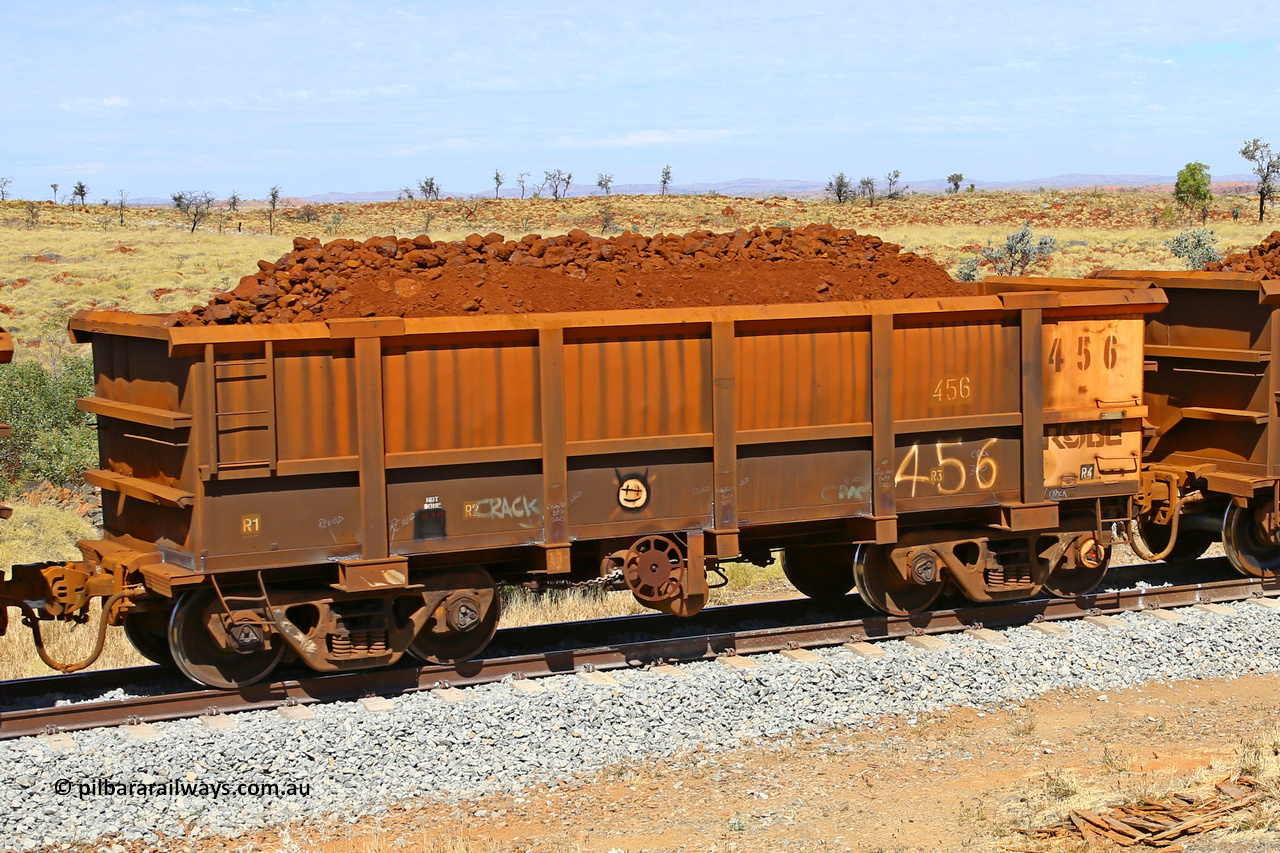 0456 170729 0196
Robe River ore waggon 456, built by Tomlinson Steel WA, fixed coupler handbrake side loaded view at the 103 km, between Maitland Siding and the Fortescue River on the Deepdale line. July 29, 2017.
Keywords: 456;Tomlinson-Steel-WA;Robe-ore-waggon;