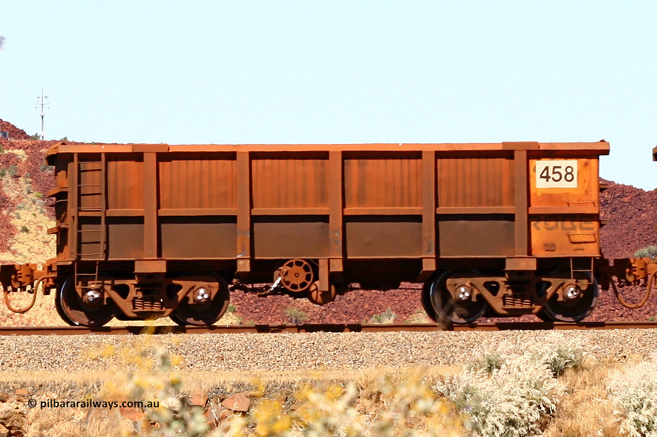 0458 060722 7445
Robe River ore waggon 458, built by Tomlinson Steel WA, handbrake side empty view at the 45.4 km just south of Harding Siding on the Cape Lambert line. July 22, 2006.
Keywords: 458;Tomlinson-Steel-WA;Robe-ore-waggon;