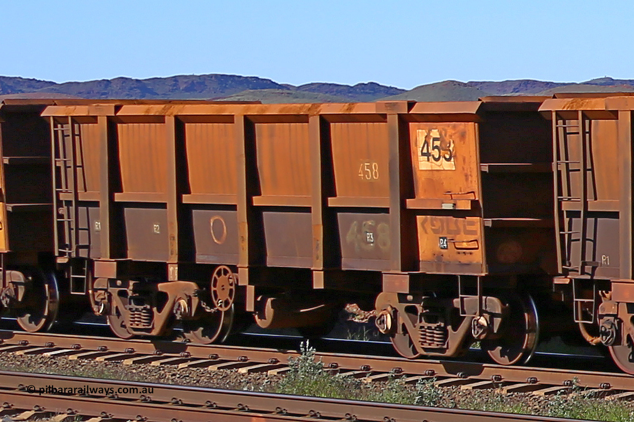 0458 160727 0982
Robe River ore waggon 458, built by Tomlinson Steel WA, rotary coupler end handbrake side empty view at Harding Siding on the Cape Lambert line, July 27, 2016.
Keywords: 458;Tomlinson-Steel-WA;Robe-ore-waggon;