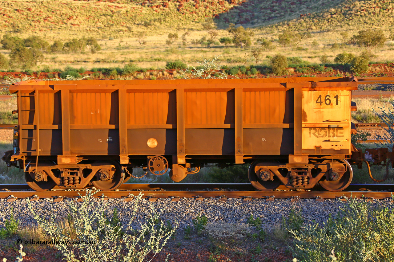 0461 170513 8780
Robe River ore waggon 461, built by Tomlinson Steel WA, handbrake side empty view, end of train, Cape Lambert yard, May 13, 2017.
Keywords: 461;Tomlinson-Steel-WA;Robe-ore-waggon;