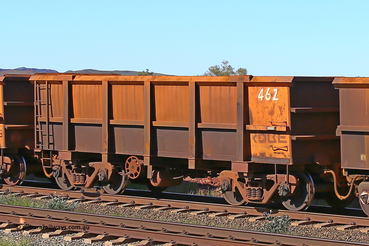 0462 160727 0952
Robe River ore waggon 462, built by Tomlinson Steel WA, rotary coupler end handbrake side empty view at Harding Siding on the Cape Lambert line, July 27, 2016.
Keywords: 462;Tomlinson-Steel-WA;Robe-ore-waggon;