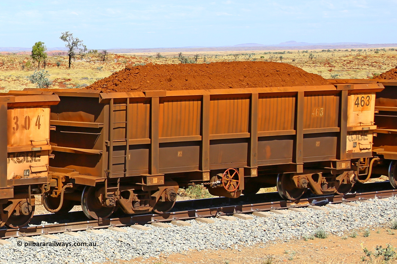 0463 170729 0264
Robe River ore waggon 463, built by Tomlinson Steel WA, fixed coupler handbrake side loaded view at the 103 km, between Maitland Siding and the Fortescue River on the Deepdale line. July 29, 2017.
Keywords: 463;Tomlinson-Steel-WA;Robe-ore-waggon;