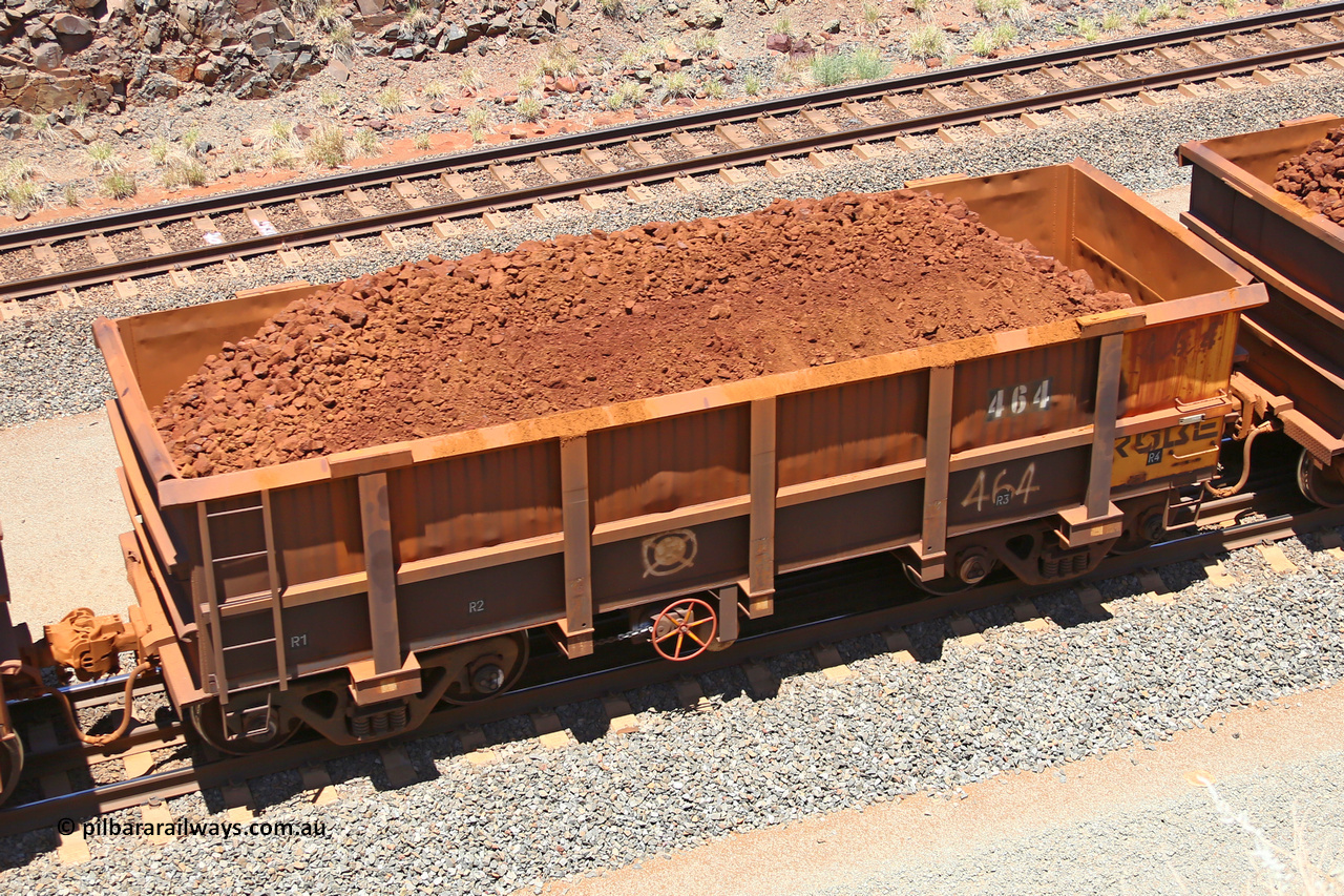 0464 160306 1485
Robe River ore waggon 464, built by Tomlinson Steel WA, fixed coupler handbrake side loaded view, at the 45 km, Harding Siding on the Cape Lambert line. March 6, 2016.
Keywords: 464;Tomlinson-Steel-WA;Robe-ore-waggon;