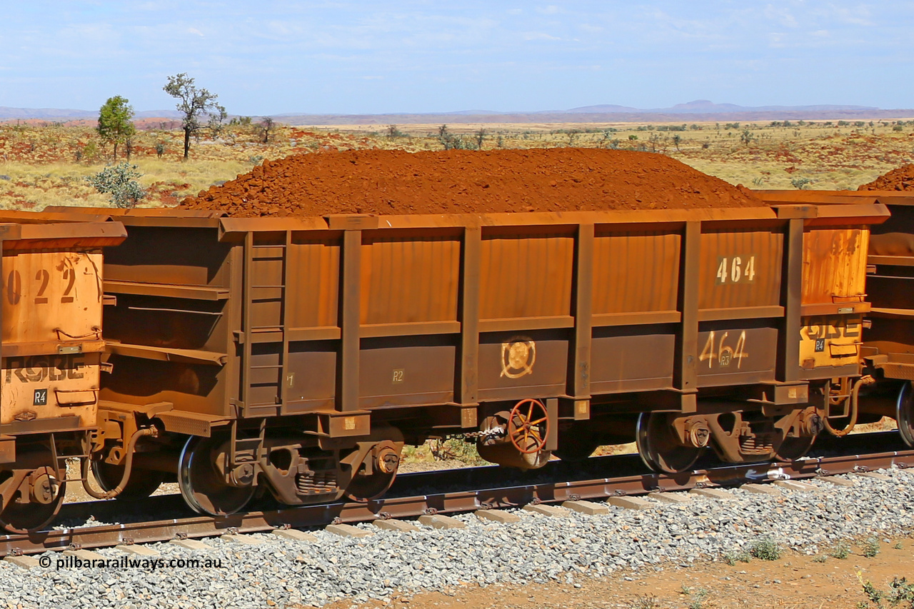 0464 170729 0266
Robe River ore waggon 464, built by Tomlinson Steel WA, fixed coupler handbrake side loaded view at the 103 km, between Maitland Siding and the Fortescue River on the Deepdale line. July 29, 2017.
Keywords: 464;Tomlinson-Steel-WA;Robe-ore-waggon;