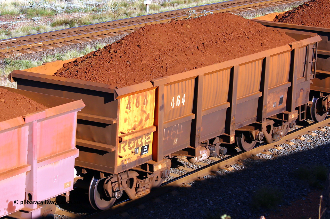 0464 210322 9732
Robe River ore waggon 464, built by Tomlinson Steel WA, rotary coupler end non-handbrake side loaded view at the 17 km on the Cape Lambert line, March 22, 2021.
Keywords: 464;Tomlinson-Steel-WA;Robe-ore-waggon;