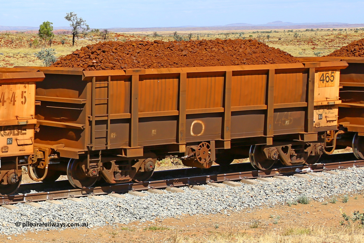 0465 170729 0199
Robe River ore waggon 465, built by Tomlinson Steel WA, fixed coupler handbrake side loaded view at the 103 km, between Maitland Siding and the Fortescue River on the Deepdale line. July 29, 2017.
Keywords: 465;Tomlinson-Steel-WA;Robe-ore-waggon;
