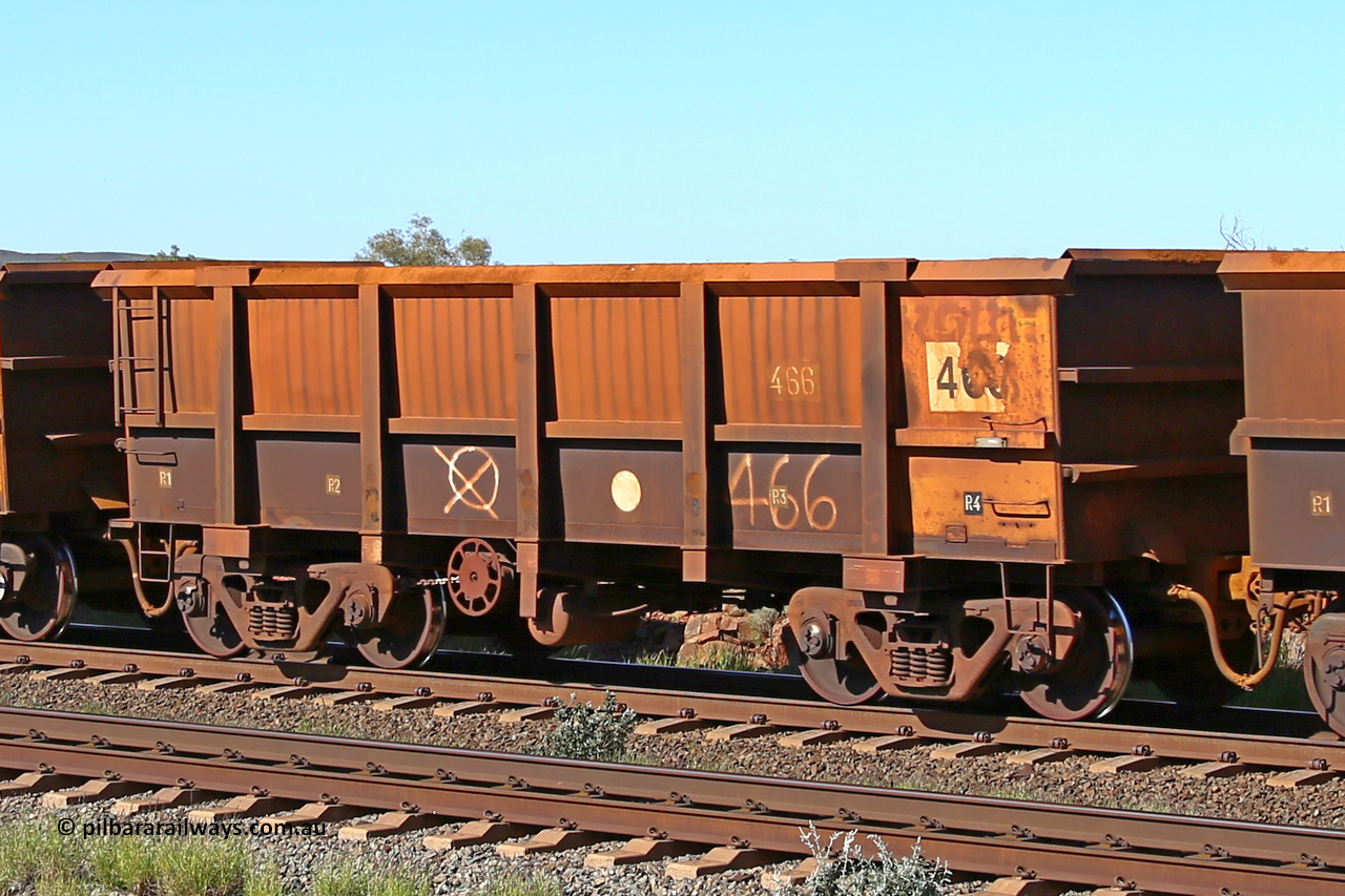 0466 160727 0960
Robe River ore waggon 466, built by Tomlinson Steel WA, rotary coupler end handbrake side empty view at Harding Siding on the Cape Lambert line, July 27, 2016.
Keywords: 466;Tomlinson-Steel-WA;Robe-ore-waggon;