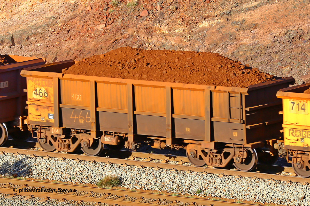0466 180616 1639
Robe River ore waggon 466, built by Tomlinson Steel WA, fixed coupler non-handbrake side loaded view at the 38.5 km, Harding on the Cape Lambert line, June 16, 2018.
Keywords: 466;Tomlinson-Steel-WA;Robe-ore-waggon;