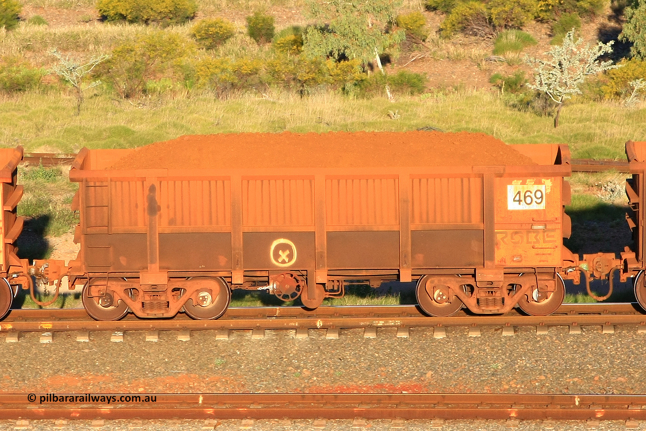 0469 110602 1601
Robe River ore waggon 469, built by Tomlinson Steel WA, handbrake side loaded view at the 71 km, Western Creek on the Deepdale line. June 2, 2011.
Keywords: 469;Tomlinson-Steel-WA;Robe-ore-waggon;
