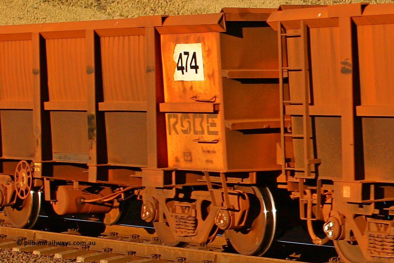0474 060722 7622
Robe River ore waggon 474, built by Tomlinson Steel WA, rotary coupler end handbrake side empty partial view, at the 11.7 km, Cape Lambert. July 22, 2006.
Keywords: 474;Tomlinson-Steel-WA;Robe-ore-waggon;