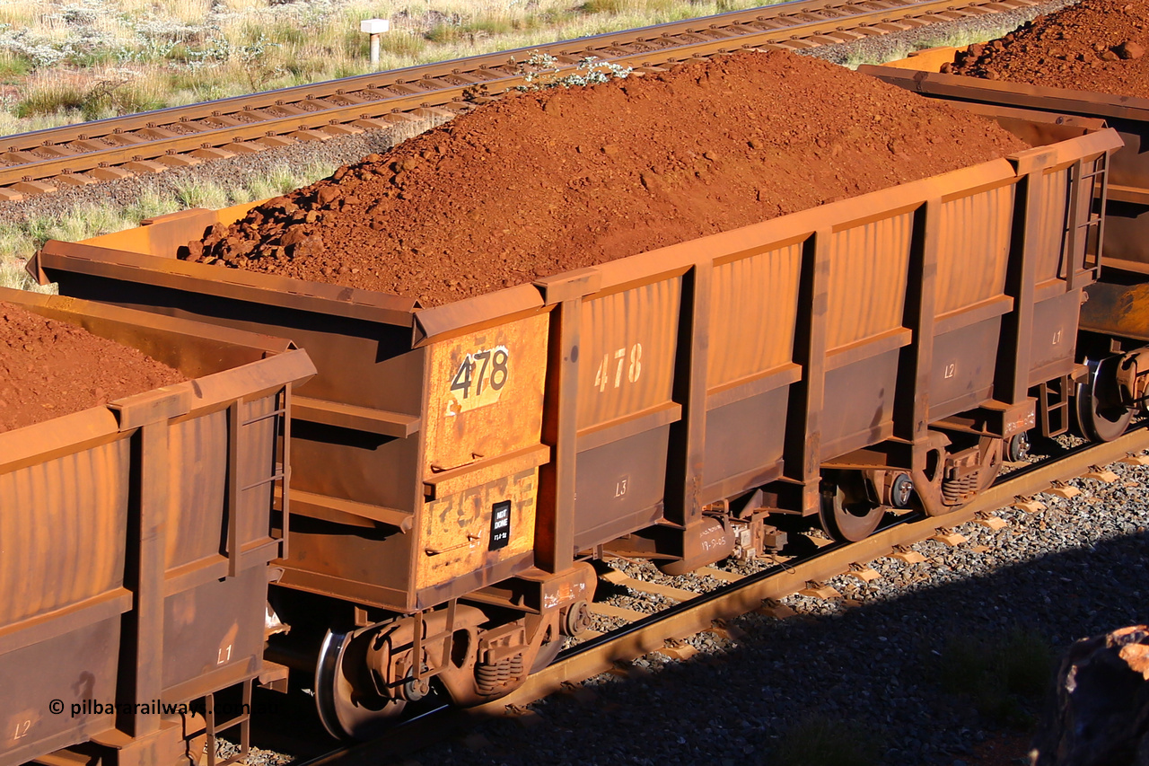 0478 210322 9786
Robe River ore waggon 478, built by Tomlinson Steel WA, rotary coupler end non-handbrake side loaded view at the 17 km on the Cape Lambert line, March 22, 2021.
Keywords: 478;Tomlinson-Steel-WA;Robe-ore-waggon;
