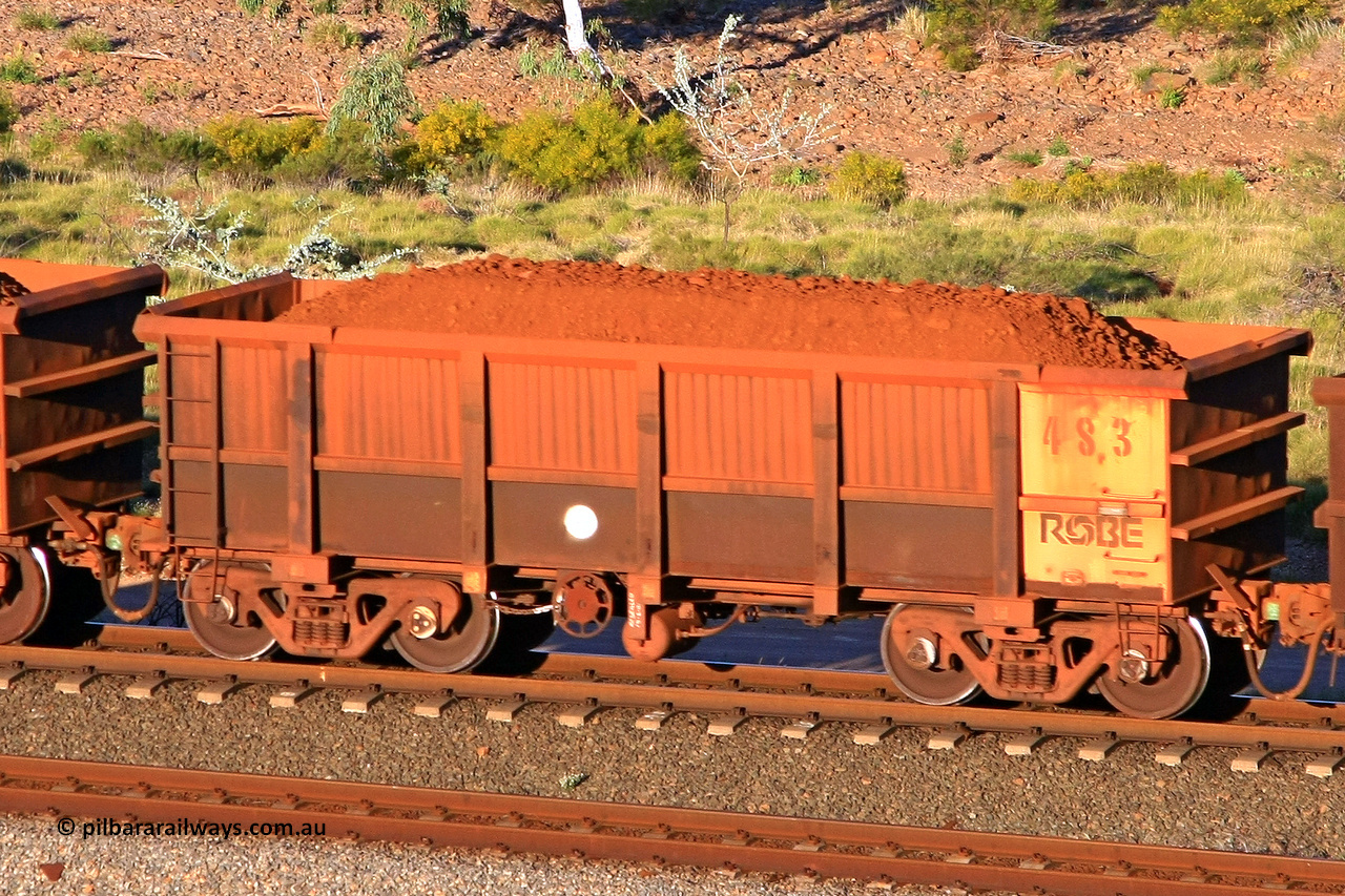 0483 110602 1698
Robe River ore waggon 483, built by Tomlinson Steel WA, rotary coupler end handbrake side loaded view at the 71 km, Western Creek on the Deepdale line. June 2, 2011.
Keywords: 483;Tomlinson-Steel-WA;Robe-ore-waggon;