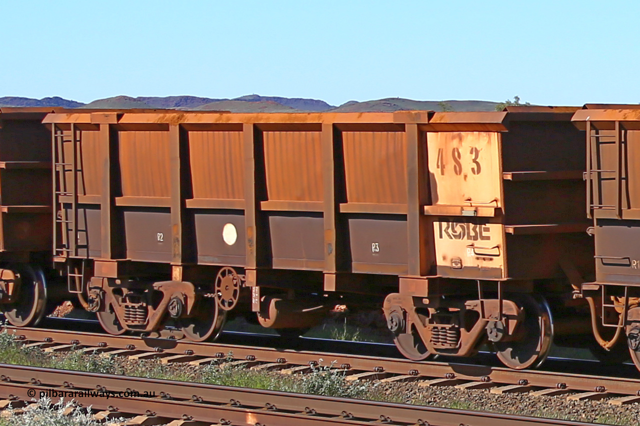 0483 160727 0966
Robe River ore waggon 483, built by Tomlinson Steel WA, rotary coupler end handbrake side empty view at Harding Siding on the Cape Lambert line, July 27, 2016.
Keywords: 483;Tomlinson-Steel-WA;Robe-ore-waggon;