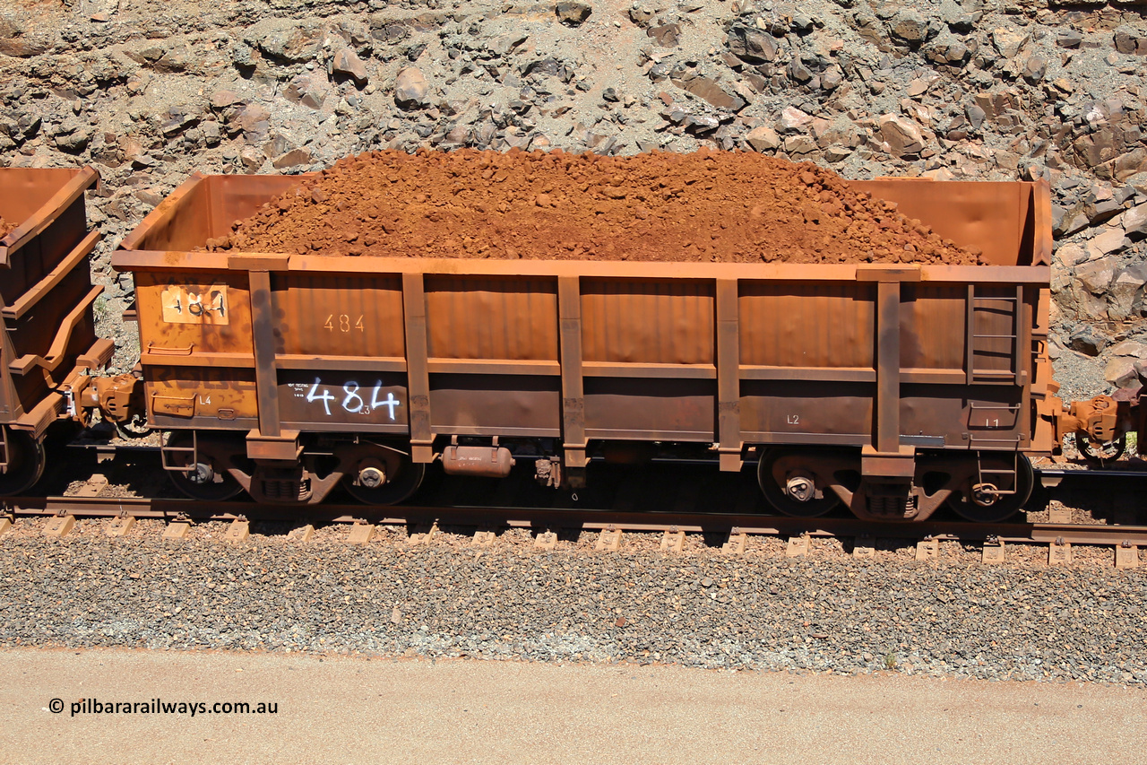 0484 160306 1527
Robe River ore waggon 484, built by Tomlinson Steel WA, fixed coupler non-handbrake side loaded view, at the 45 km, Harding Siding on the Cape Lambert line. March 6, 2016.
Keywords: 484;Tomlinson-Steel-WA;Robe-ore-waggon;