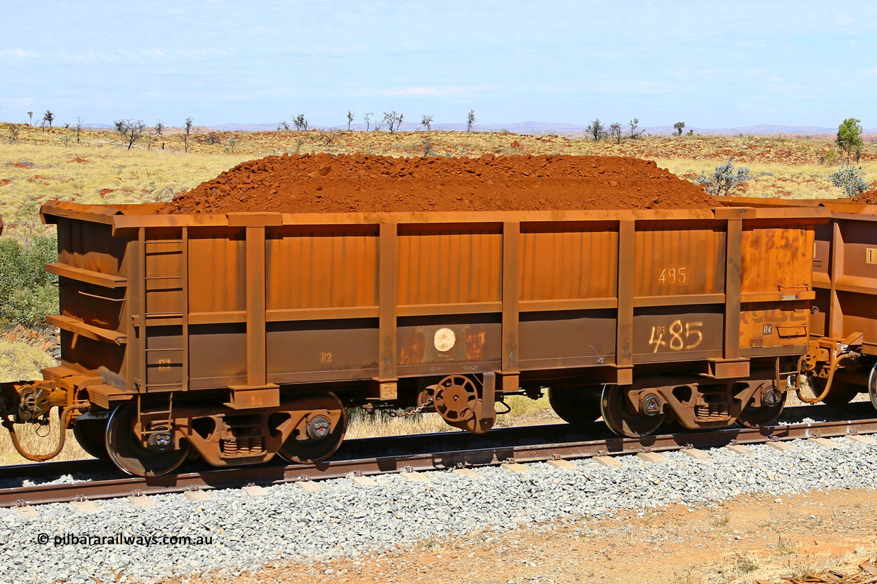 0485 170729 0234
Robe River ore waggon 485, built by Tomlinson Steel WA, fixed coupler handbrake side loaded view at the 103 km, between Maitland Siding and the Fortescue River on the Deepdale line. July 29, 2017.
Keywords: 485;Tomlinson-Steel-WA;Robe-ore-waggon;