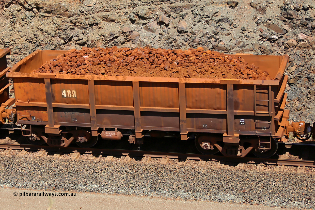 0489 160306 1665
Robe River ore waggon 489, built by Tomlinson Steel WA, fixed coupler non-handbrake side loaded view, at the 45 km, Harding Siding on the Cape Lambert line. March 6, 2016.
Keywords: 489;Tomlinson-Steel-WA;Robe-ore-waggon;