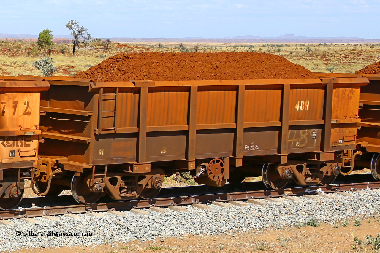 0489 170729 0240
Robe River ore waggon 489, built by Tomlinson Steel WA, fixed coupler handbrake side loaded view at the 103 km, between Maitland Siding and the Fortescue River on the Deepdale line. July 29, 2017.
Keywords: 489;Tomlinson-Steel-WA;Robe-ore-waggon;
