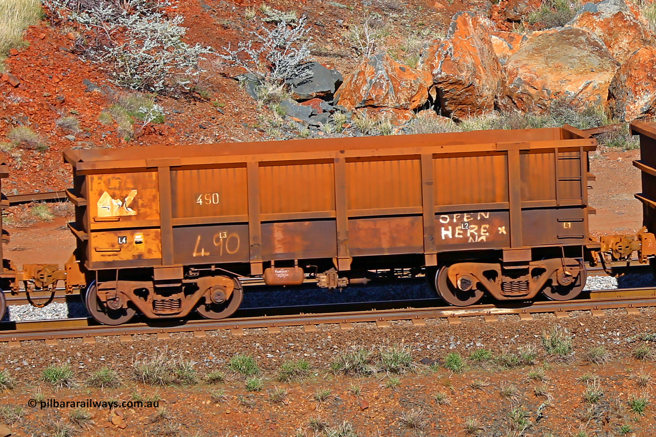 0490 180616 1717
Robe River ore waggon 490, built by Tomlinson Steel WA, rotary coupler end non-handbrake side empty view at the 38 km, Harding on the Cape Lambert line, June 16, 2018.
Keywords: 490;Tomlinson-Steel-WA;Robe-ore-waggon;