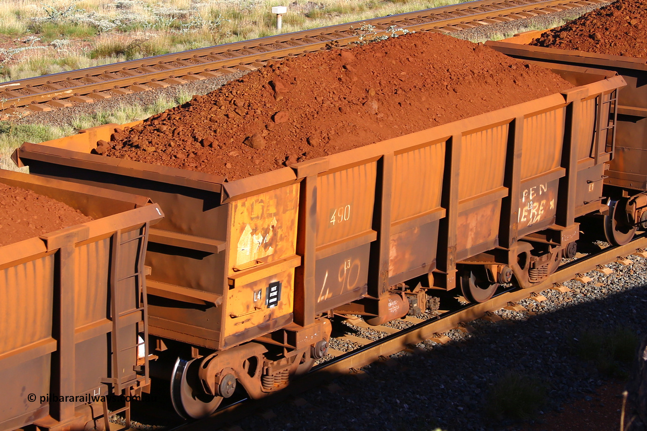 0490 210322 9779
Robe River ore waggon 490, built by Tomlinson Steel WA, rotary coupler end non-handbrake side loaded view at the 17 km on the Cape Lambert line, March 22, 2021.
Keywords: 490;Tomlinson-Steel-WA;Robe-ore-waggon;
