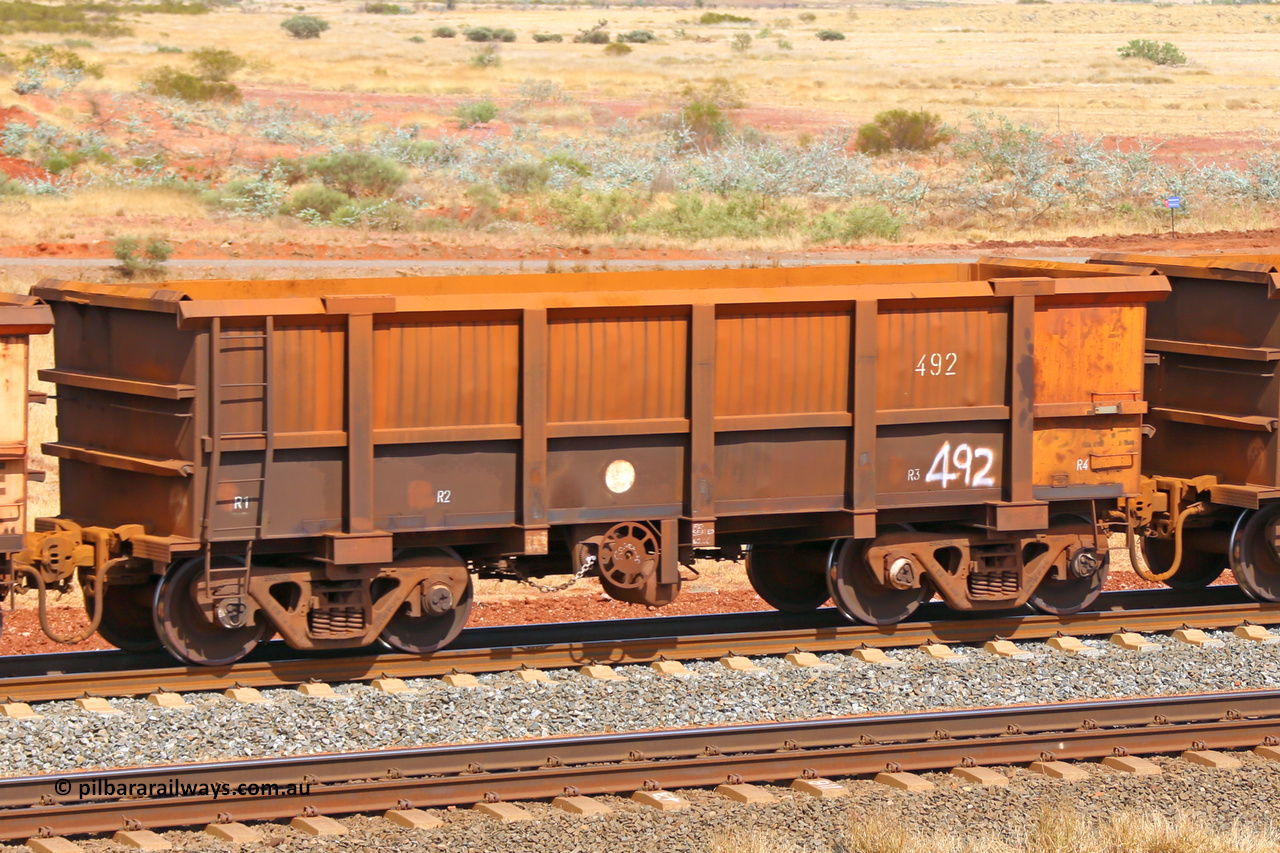 0492 141124 6779
Robe River ore waggon 492, built by Tomlinson Steel WA, fixed coupler handbrake side empty view at the 25 km at Arches Siding on the Cape Lambert line. November 24, 2014.
Keywords: 492;Tomlinson-Steel-WA;Robe-ore-waggon;