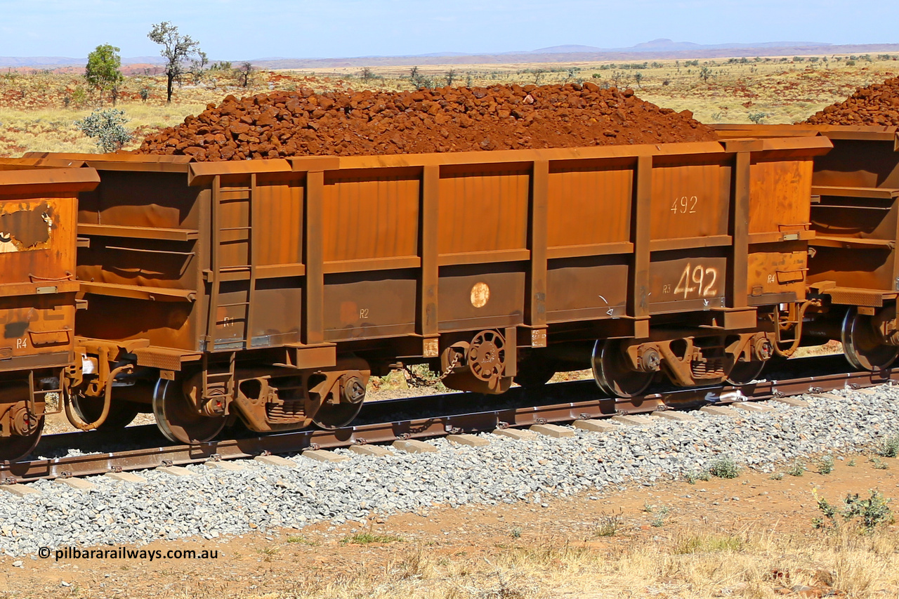 0492 170729 0198
Robe River ore waggon 492, built by Tomlinson Steel WA, fixed coupler handbrake side loaded view at the 103 km, between Maitland Siding and the Fortescue River on the Deepdale line. July 29, 2017.
Keywords: 492;Tomlinson-Steel-WA;Robe-ore-waggon;
