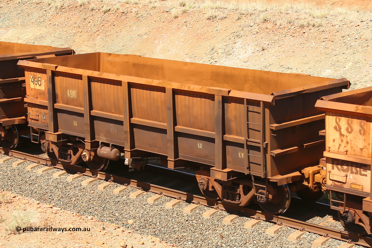 0496 160306 1302
Robe River ore waggon 496, built by Tomlinson Steel WA, fixed coupler non-handbrake side empty view at Greenpool on the Cape Lambert line. March 6, 2016.
Keywords: 496;Tomlinson-Steel-WA;Robe-ore-waggon;