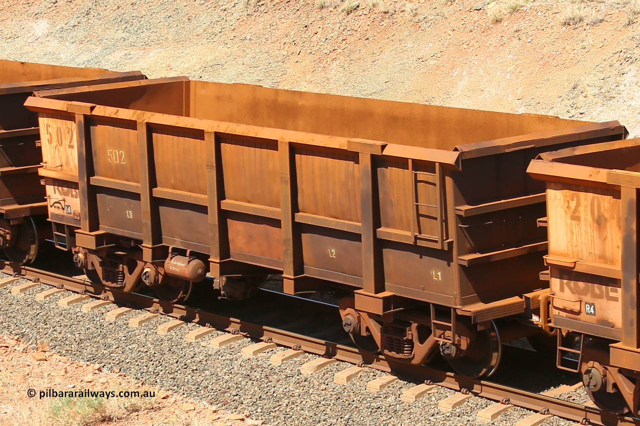 0502 160306 1335
Robe River ore waggon 502, built by Tomlinson Steel WA, fixed coupler non-handbrake side empty view at Greenpool on the Cape Lambert line. March 6, 2016.
Keywords: 502;Tomlinson-Steel-WA;Robe-ore-waggon;