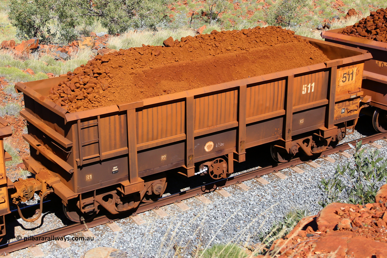 0511 180616 1873
Robe River ore waggon 511, built by Tomlinson Steel WA, fixed coupler handbrake side loaded view at Maitland Siding on the Deepdale line, June 16, 2018.
Keywords: 511;Tomlinson-Steel-WA;Robe-ore-waggon;