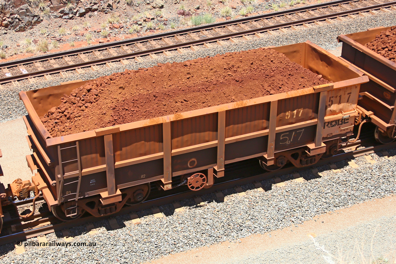0517 160306 1477
Robe River ore waggon 517, built by Tomlinson Steel WA, fixed coupler handbrake side loaded view, at the 45 km, Harding Siding on the Cape Lambert line. March 6, 2016.
Keywords: 517;Tomlinson-Steel-WA;Robe-ore-waggon;