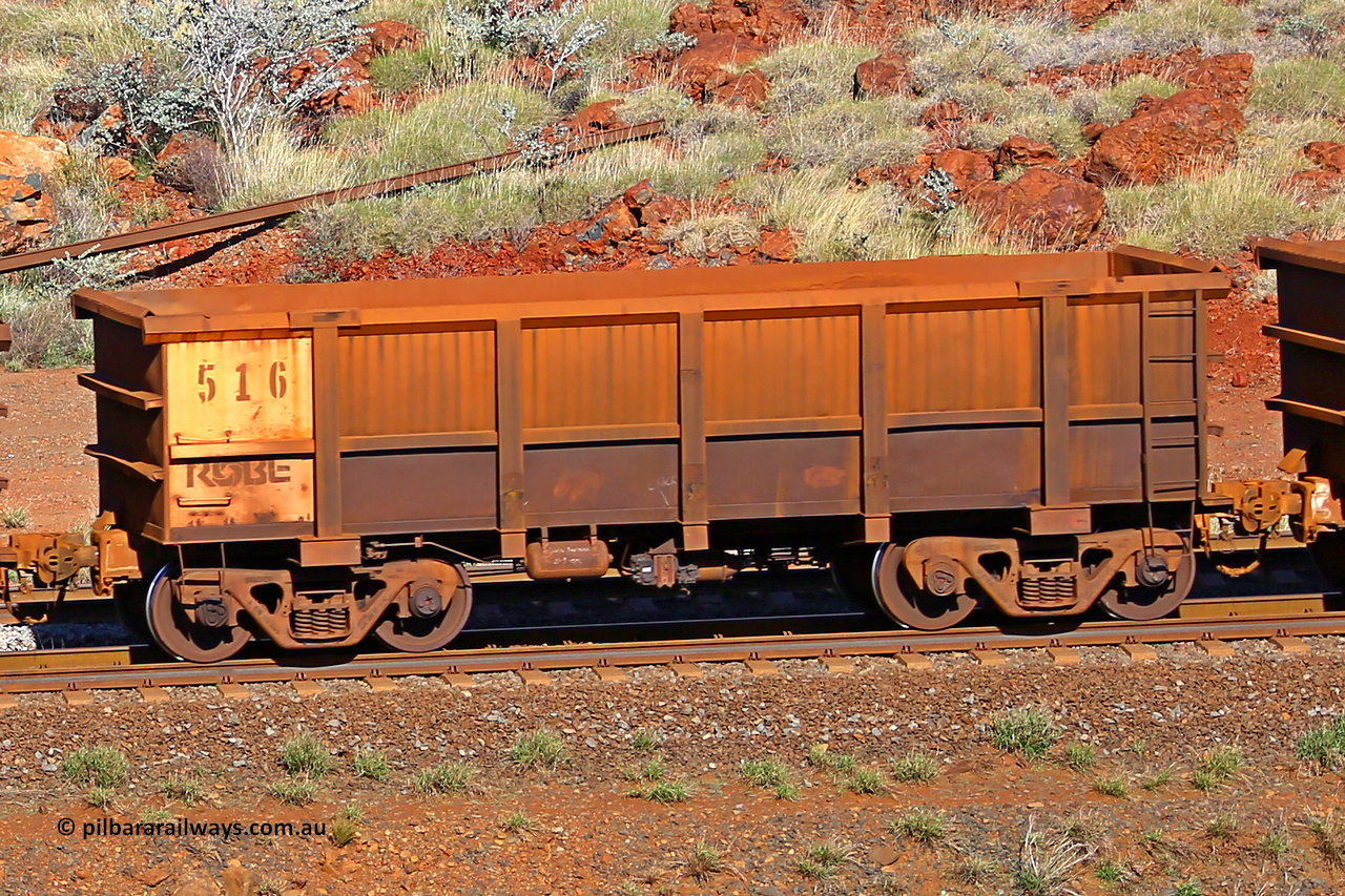 0519 180616 1718
Robe River ore waggon 519, built by Tomlinson Steel WA, rotary coupler end non-handbrake side empty view at the 38 km, Harding on the Cape Lambert line, June 16, 2018.
Keywords: 519;Tomlinson-Steel-WA;Robe-ore-waggon;