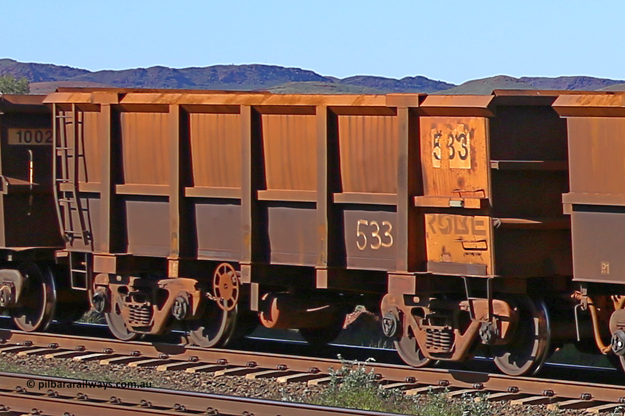 0533 160727 0951
Robe River ore waggon 533, built by Tomlinson Steel WA, rotary coupler end handbrake side empty view at Harding Siding on the Cape Lambert line, July 27, 2016.
Keywords: 533;Tomlinson-Steel-WA;Robe-ore-waggon;