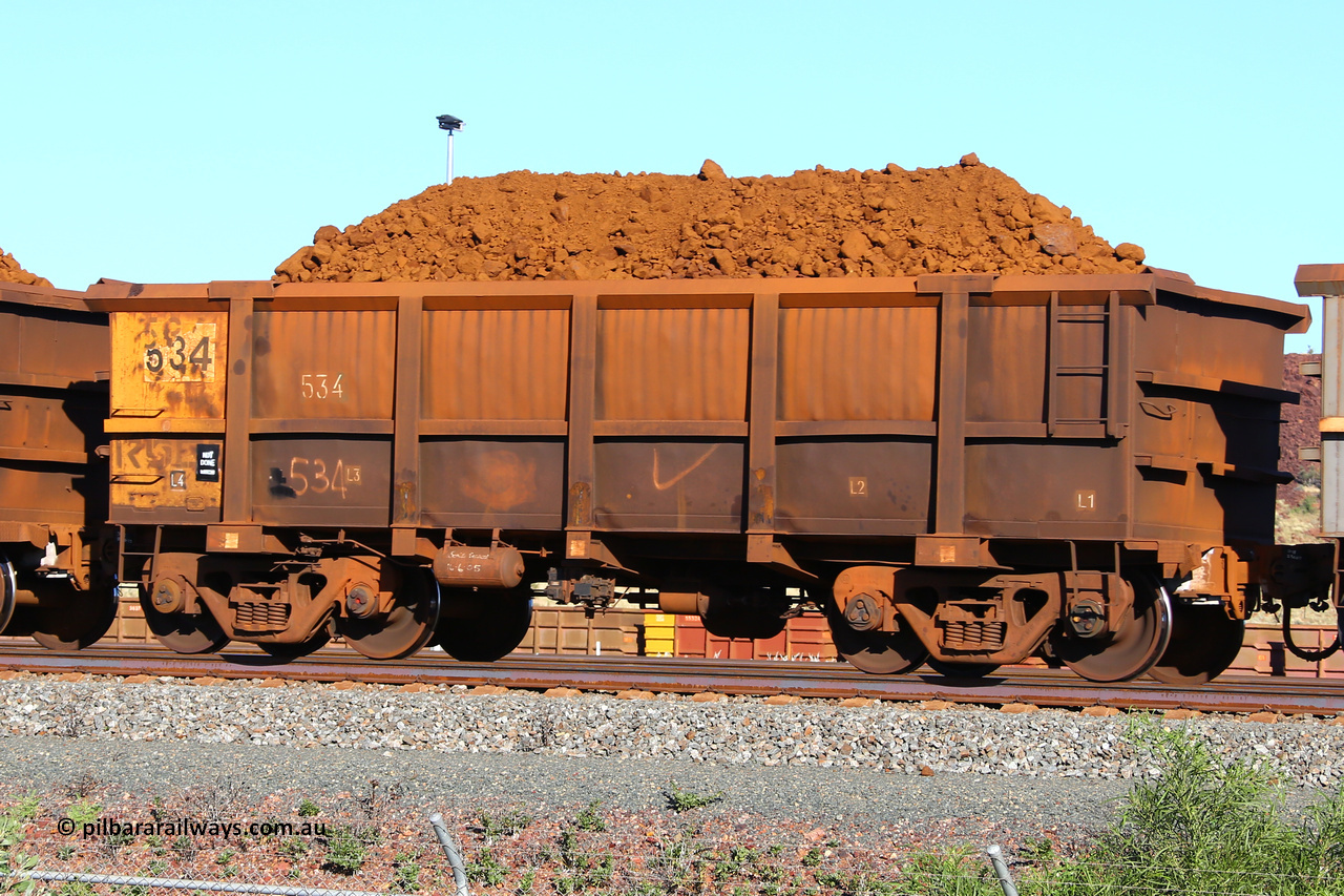 0534 210322 9389
Robe River ore waggon 534, built by Tomlinson Steel WA, fixed coupler non-handbrake side loaded view at Cape Lambert yard, March 22, 2021.
Keywords: 534;Tomlinson-Steel-WA;Robe-ore-waggon;