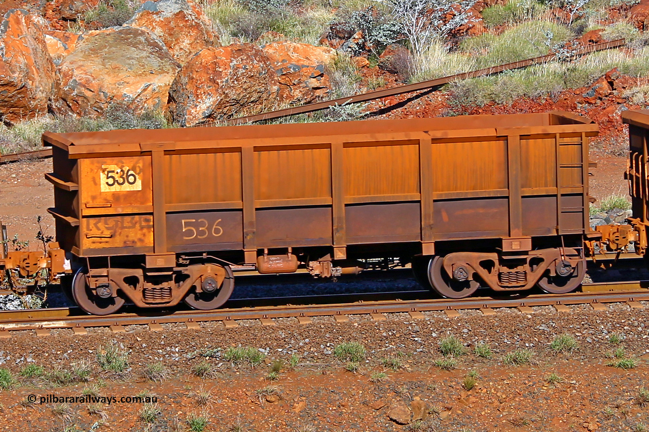 0536 180616 1712
Robe River ore waggon 536, built by Tomlinson Steel WA, rotary coupler end non-handbrake side empty view at the 38 km, Harding on the Cape Lambert line, June 16, 2018.
Keywords: 536;Tomlinson-Steel-WA;Robe-ore-waggon;