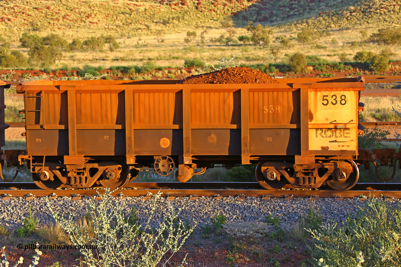 0538 170513 8761
Robe River ore waggon 534, built by Tomlinson Steel WA, handbrake side partially loaded view, Cape Lambert yard, May 13, 2017.
Keywords: 538;Tomlinson-Steel-WA;Robe-ore-waggon;