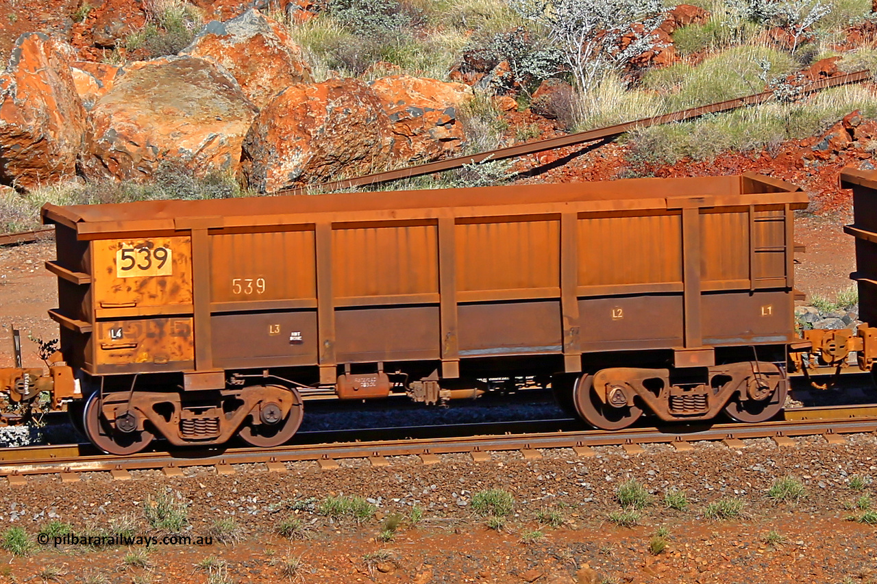 0539 180616 1713
Robe River ore waggon 539, built by Tomlinson Steel WA, rotary coupler end non-handbrake side empty view at the 38 km, Harding on the Cape Lambert line, June 16, 2018.
Keywords: 539;Tomlinson-Steel-WA;Robe-ore-waggon;