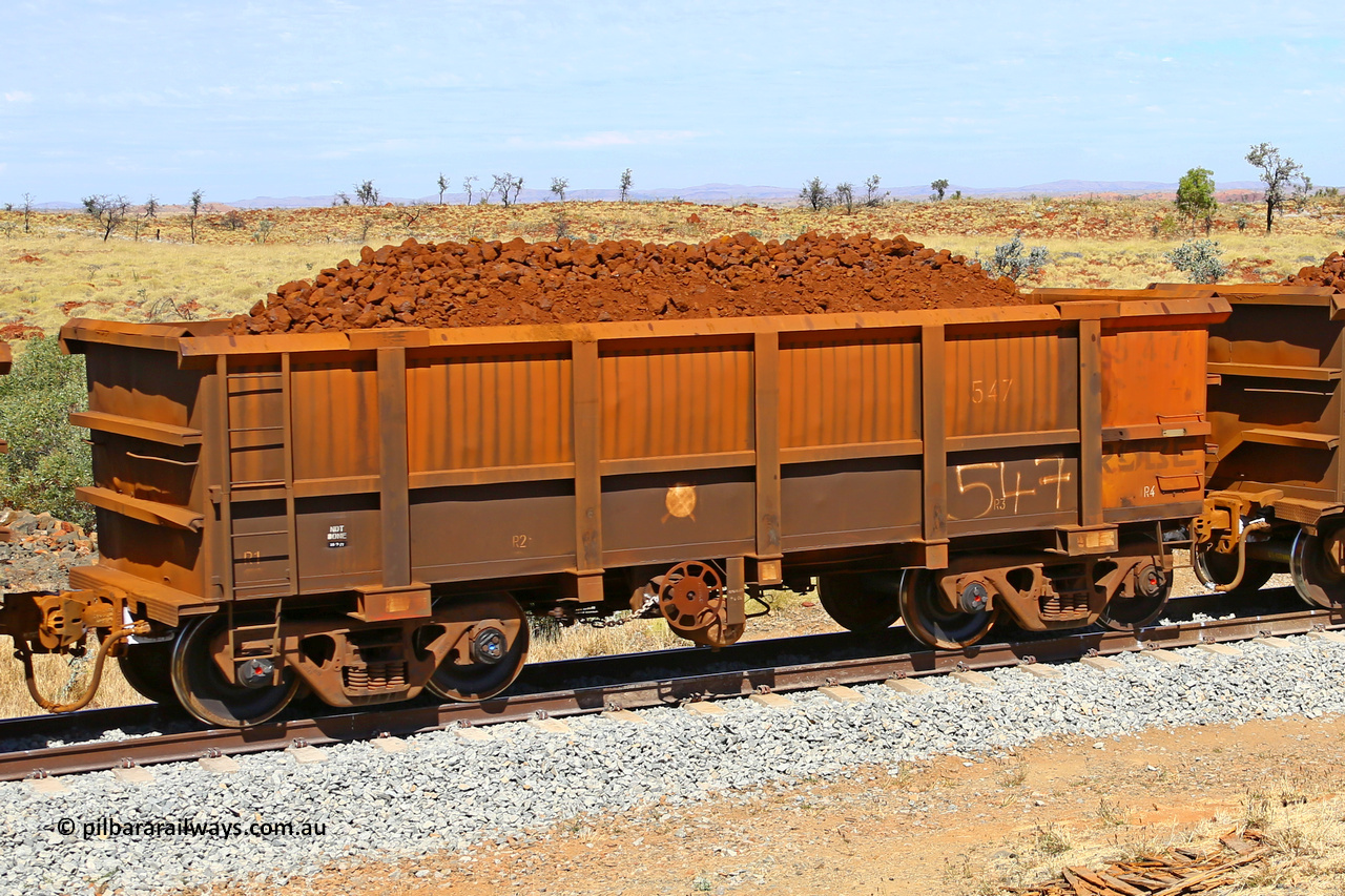 0547 170729 0197
Robe River ore waggon 547, built by Tomlinson Steel WA, fixed coupler handbrake side loaded view at the 103 km, between Maitland Siding and the Fortescue River on the Deepdale line. July 29, 2017.
Keywords: 547;Tomlinson-Steel-WA;Robe-ore-waggon;