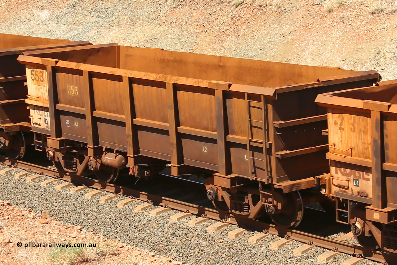0553 160306 1332
Robe River ore waggon 553, built by Tomlinson Steel WA, fixed coupler non-handbrake side empty view at Greenpool on the Cape Lambert line. March 6, 2016.
Keywords: 553;Tomlinson-Steel-WA;Robe-ore-waggon;