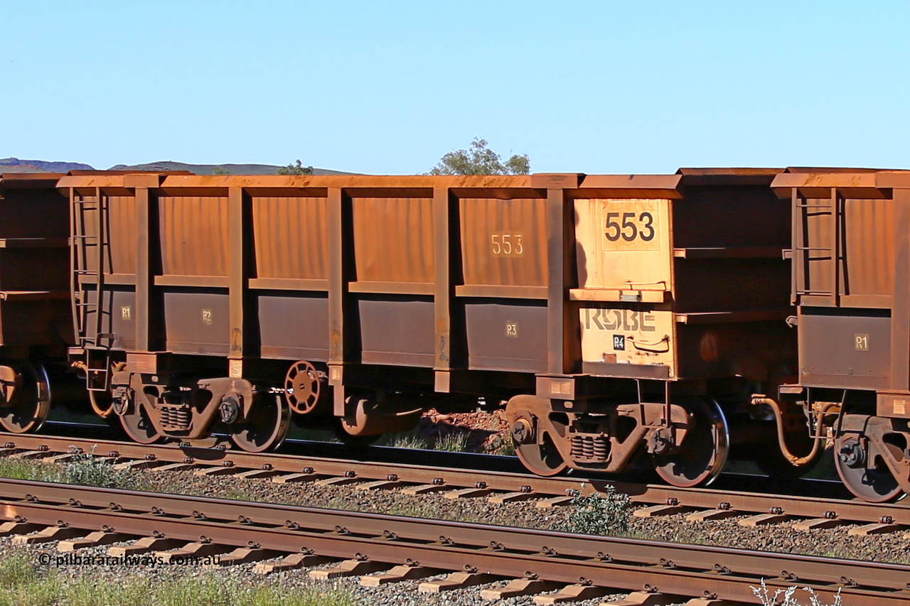 0553 160727 0985
Robe River ore waggon 553, built by Tomlinson Steel WA, rotary coupler end handbrake side empty view at Harding Siding on the Cape Lambert line, July 27, 2016.
Keywords: 553;Tomlinson-Steel-WA;Robe-ore-waggon;