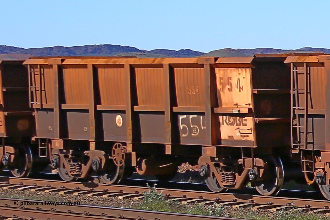 0554 160727 0984
Robe River ore waggon 554, built by Tomlinson Steel WA, rotary coupler end handbrake side empty view at Harding Siding on the Cape Lambert line, July 27, 2016.
Keywords: 554;Tomlinson-Steel-WA;Robe-ore-waggon;