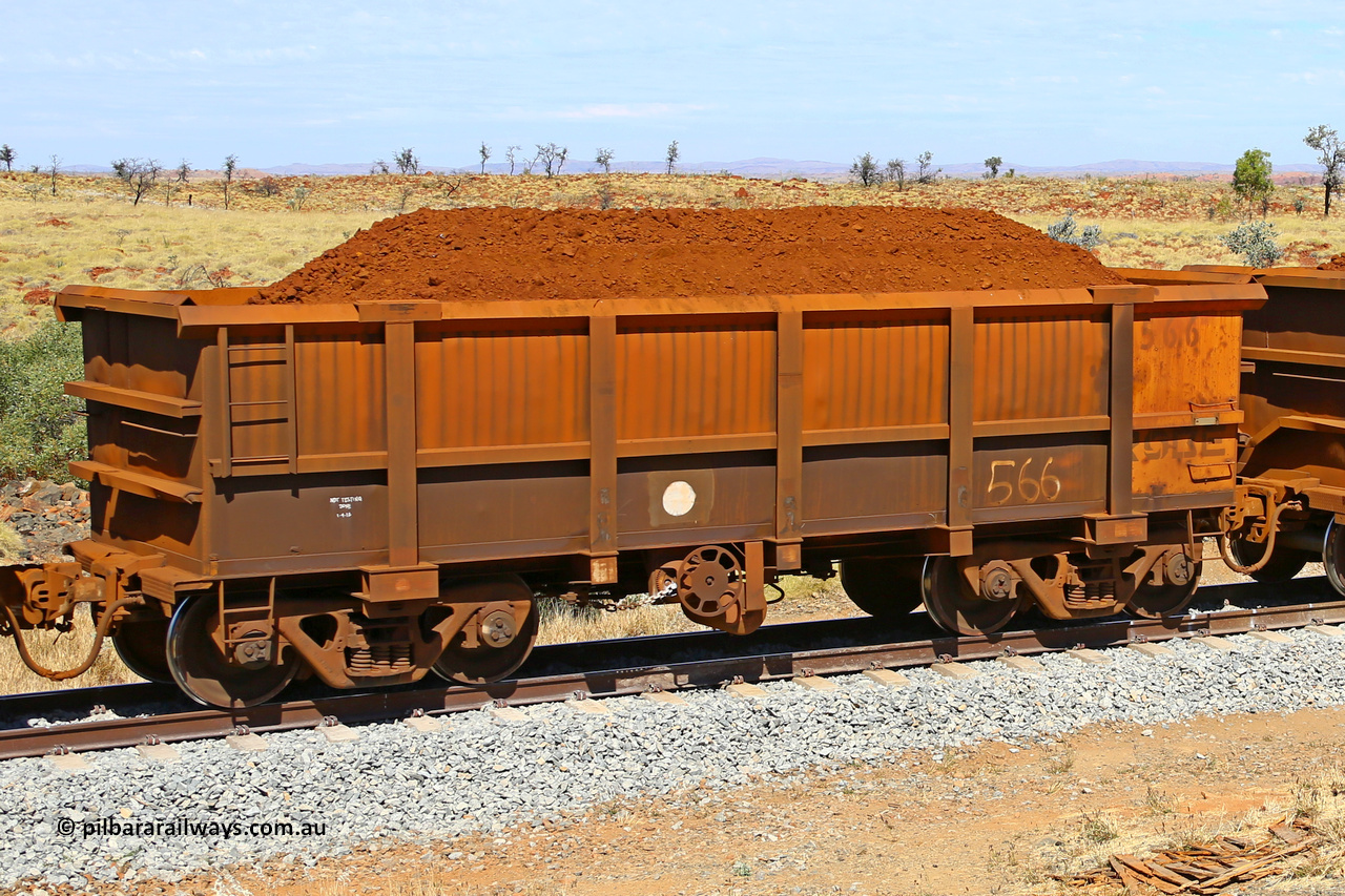 0566 170729 0227
Robe River ore waggon 566, built by Tomlinson Steel WA, fixed coupler handbrake side loaded view at the 103 km, between Maitland Siding and the Fortescue River on the Deepdale line. July 29, 2017.
Keywords: 566;Tomlinson-Steel-WA;Robe-ore-waggon;