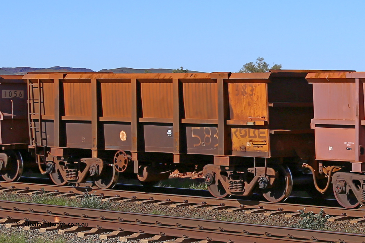 0583 160727 0986
Robe River ore waggon 583, built by Tomlinson Steel WA, rotary coupler end handbrake side empty view at Harding Siding on the Cape Lambert line, July 27, 2016.
Keywords: 583;Tomlinson-Steel-WA;Robe-ore-waggon;