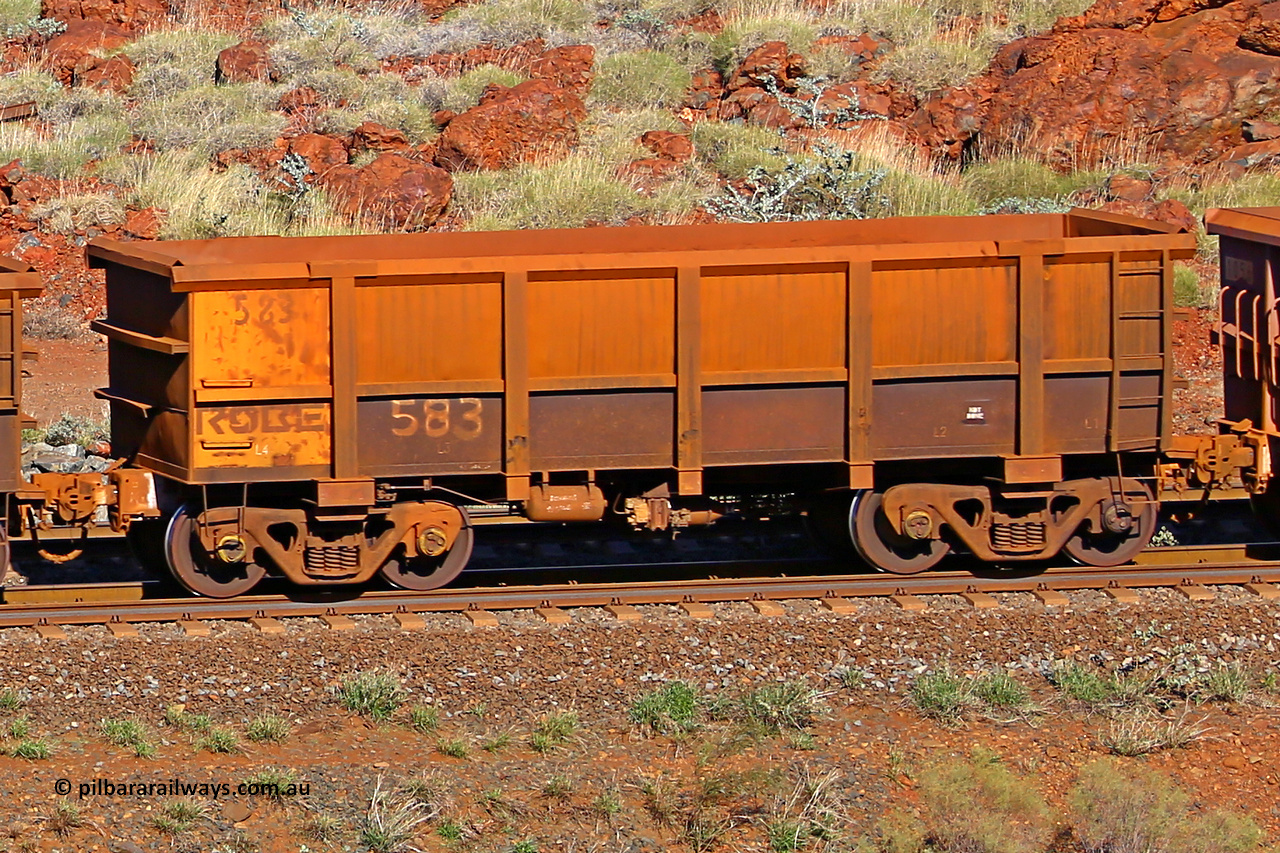 0583 180616 1707
Robe River ore waggon 583, built by Tomlinson Steel WA, rotary coupler end non-handbrake side empty view at the 38 km, Harding on the Cape Lambert line, June 16, 2018.
Keywords: 583;Tomlinson-Steel-WA;Robe-ore-waggon;