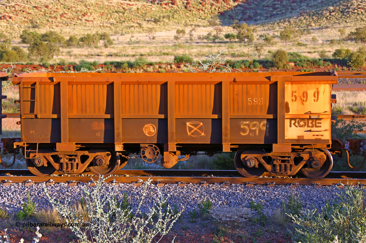 0599 170513 8769
Robe River ore waggon 599, built by Tomlinson Steel WA, handbrake side loaded view, Cape Lambert yard, May 13, 2017.
Keywords: 599;Tomlinson-Steel-WA;Robe-ore-waggon;