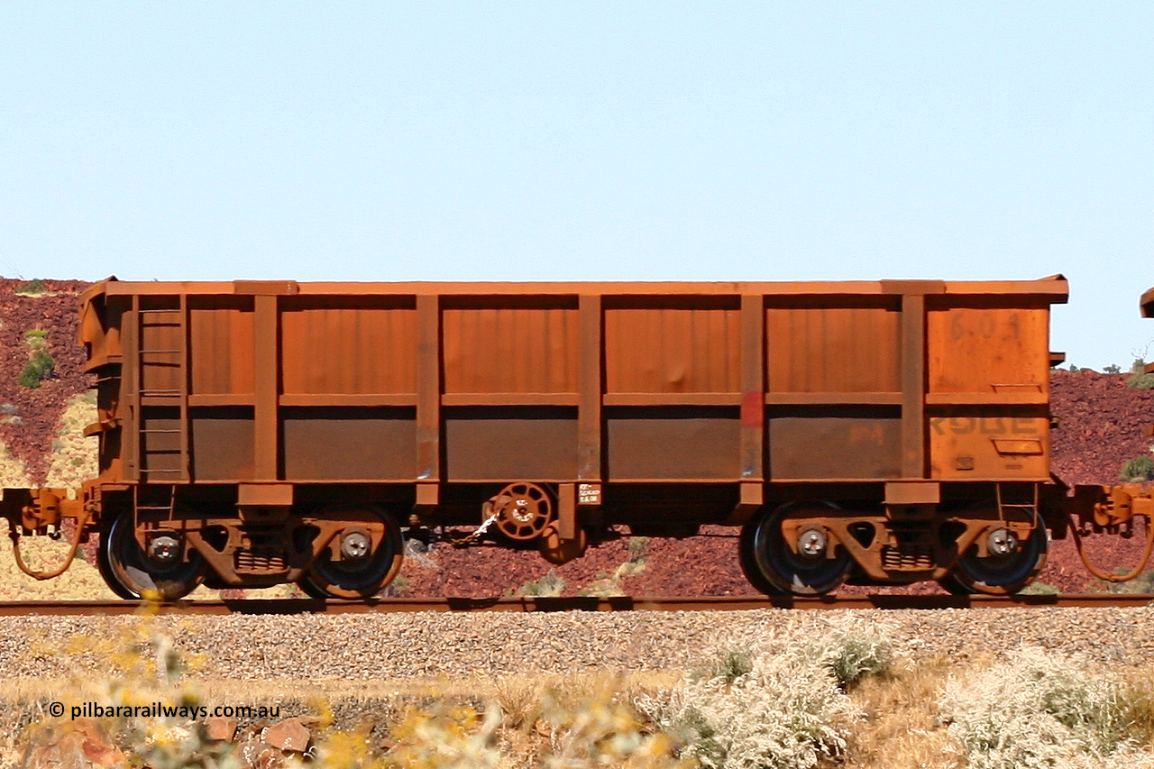 0601 060722 7443
Robe River ore waggon 601, built by Tomlinson Steel WA, handbrake side empty view at the 45.4 km just south of Harding Siding on the Cape Lambert line. July 22, 2006.
Keywords: 601;Tomlinson-Steel-WA;Robe-ore-waggon;