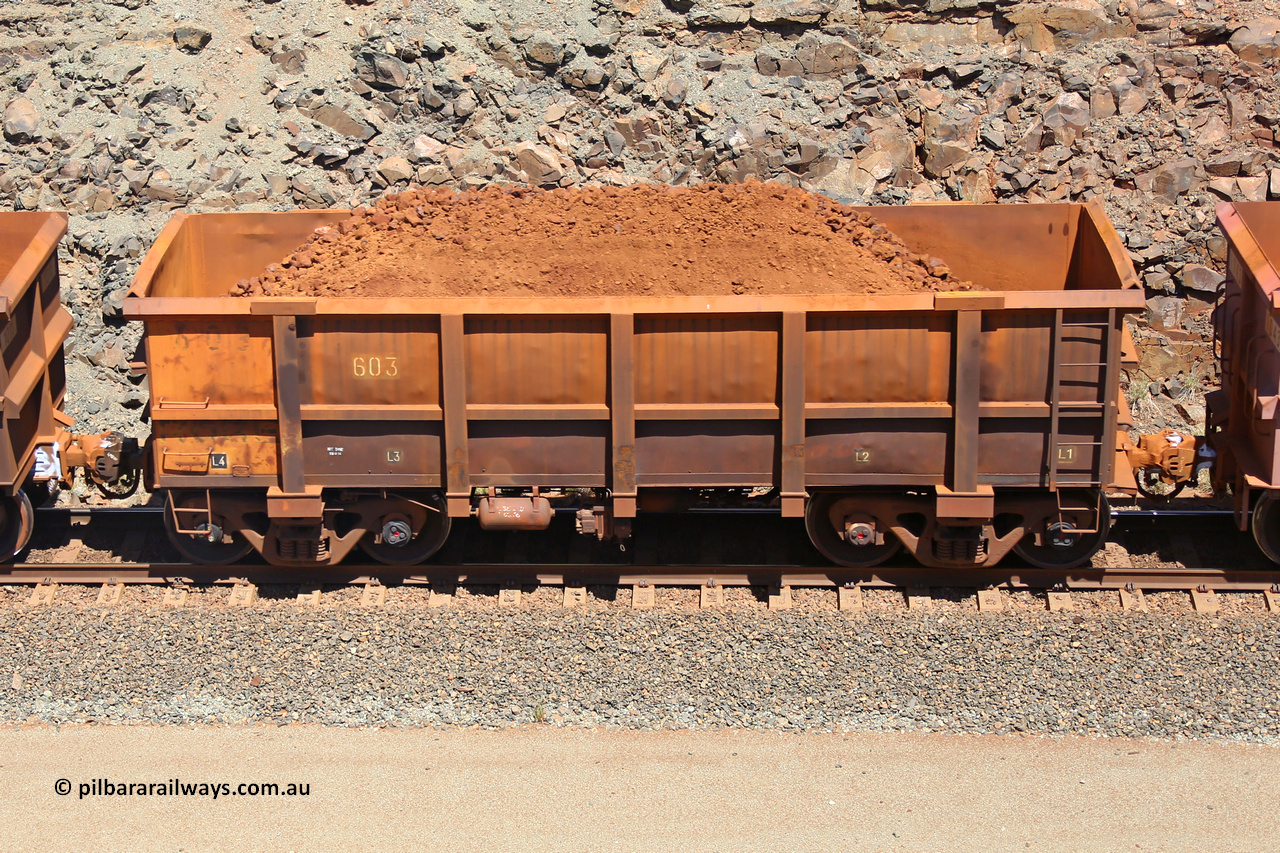 0603 160306 1510
Robe River ore waggon 603, built by Tomlinson Steel WA, fixed coupler non-handbrake side loaded view, at the 45 km, Harding Siding on the Cape Lambert line. March 6, 2016.
Keywords: 603;Tomlinson-Steel-WA;Robe-ore-waggon;