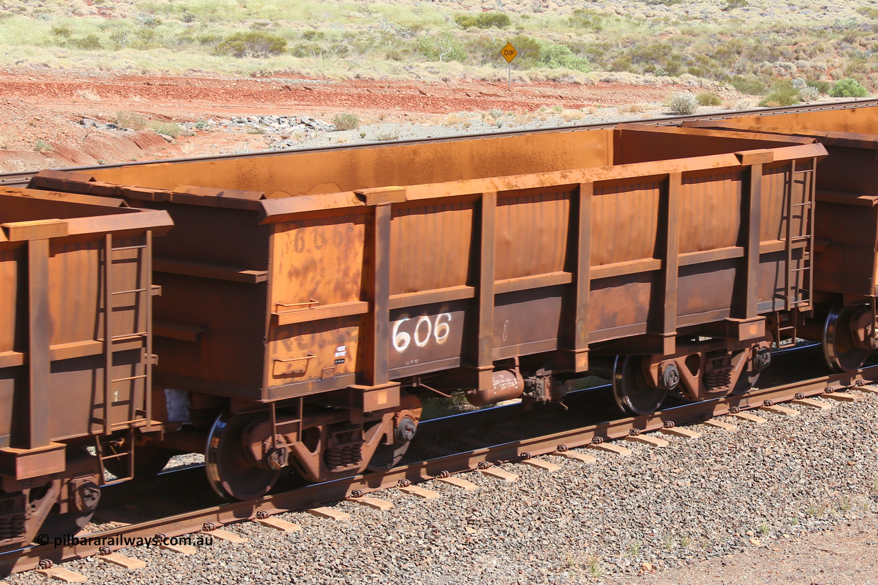 0606 160306 1233
Robe River ore waggon 606, built by Tomlinson Steel WA, fixed coupler non-handbrake side empty view at Greenpool on the Cape Lambert line. March 6, 2016.
Keywords: 606;Tomlinson-Steel-WA;Robe-ore-waggon;